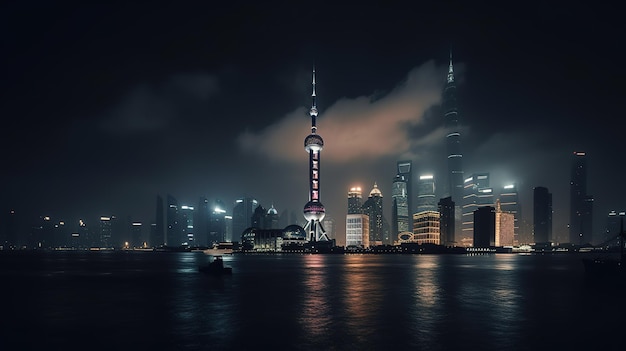 Lo skyline di shanghai di notte con il bund al centro