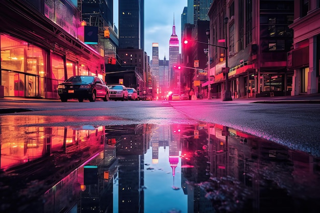 Lo skyline di una città si riflette in una pozzanghera in una notte piovosa con luci al neon che luccicano nell'acqua