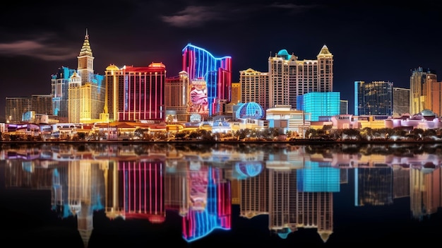 Lo skyline illuminato risplende sull'affollato casinò sul lungomare