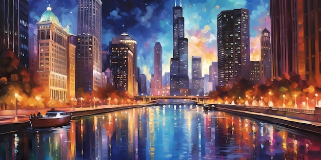 Lo skyline mozzafiato di Chicago di notte adornato da luci scintillanti Generative ai