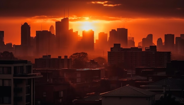 Lo skyline urbano risplende di grattacieli retroilluminati al tramonto generati dall'intelligenza artificiale