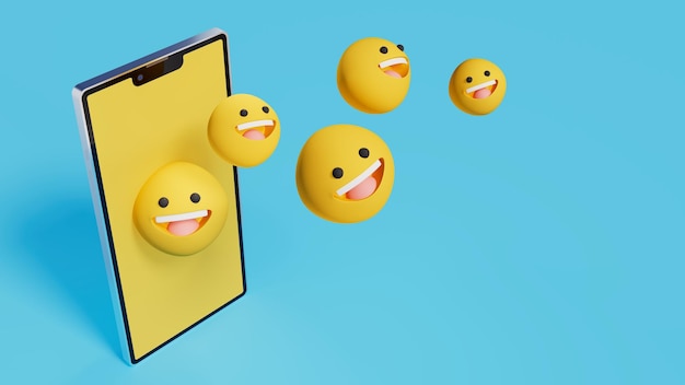 Lo smartphone con schermo giallo ottiene molte emoticon di sorriso illustrazione scenario blu 3d