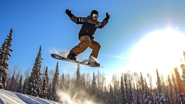 Lo snowboard che salta in aria sullo sfondo di un cielo blu intenso GENERATE AI