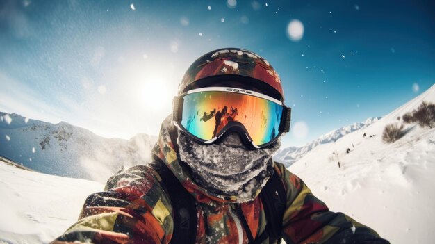 Lo snowboarder cattura un momento epico nella visuale in prima persona Generative ai
