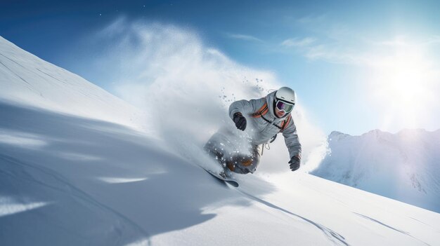 Lo snowboarder scivola giù per un pendio curato con aria fresca