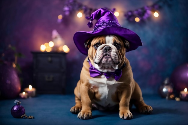 Lo spaventoso Bulldog in cappello da strega pronto per le festività di Halloween