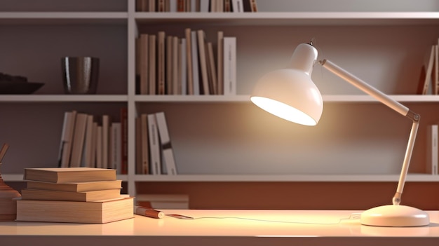 Lo spazio di copia è vuoto e ci sono libri occhiali decorano una pianta e una lampada da tavolo AI generativa