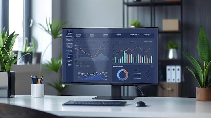 Foto lo spazio di lavoro dell'ufficio elegante con analisi dei dati sullo schermo