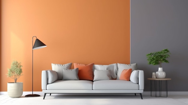 Lo spazio duplicato sul divisorio bianco pulito del ricco soggiorno all'interno delle parti con tenue e arancione facilita la risorsa creativa generata dall'IA