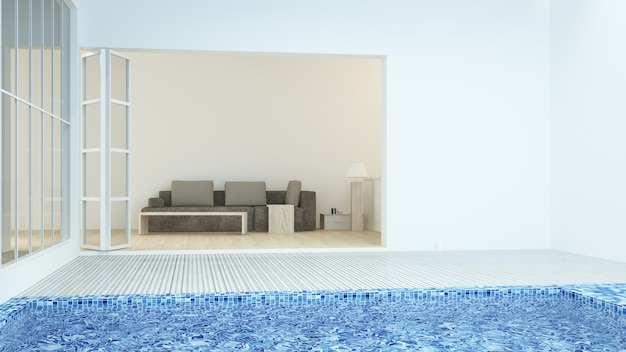 Lo spazio interno di relax collega la piscina e il rendering 3d