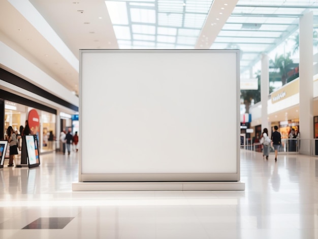 Lo spazio pubblicitario aspetta un cartellone bianco in un moderno centro commerciale