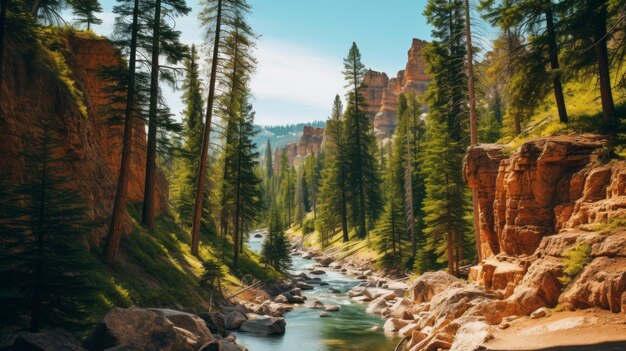 Lo spettacolare canyon del fiume con la fantastica natura selvaggia e l'illuminazione naturale