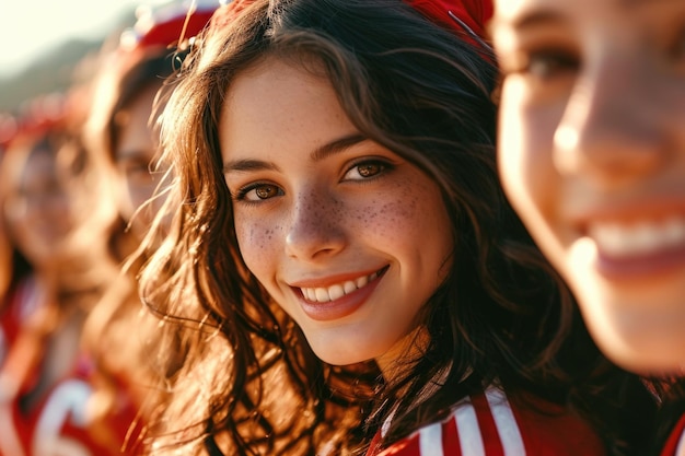 Lo spirito del gioco giovani ragazze cheerleader di una squadra di football americano catturati con sorrisi raggianti