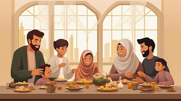 Lo spirito di Ramadan ha catturato magnificamente una calda illustrazione di una famiglia musulmana che ride e parla