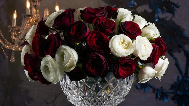 Lo splendido bouquet fatto di rose rosse e bianche scure si erge in vetro