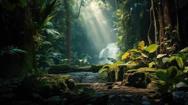 Lo splendido paesaggio di una verde foresta tropicale con un fiume al centro