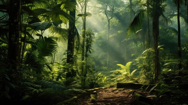 Lo splendido paesaggio di una verde foresta tropicale con un fiume al centro