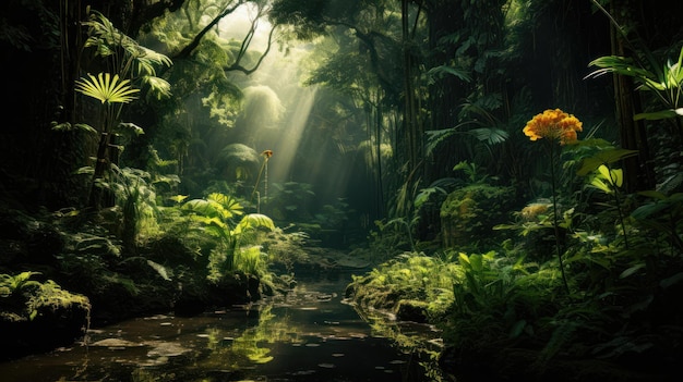 Lo splendido paesaggio di una verde foresta tropicale con un fiume al centro