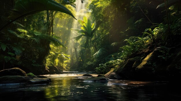 Lo splendido paesaggio di una verde foresta tropicale con un fiume al centro