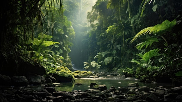 Lo splendido paesaggio di una verde foresta tropicale con un fiume al centro