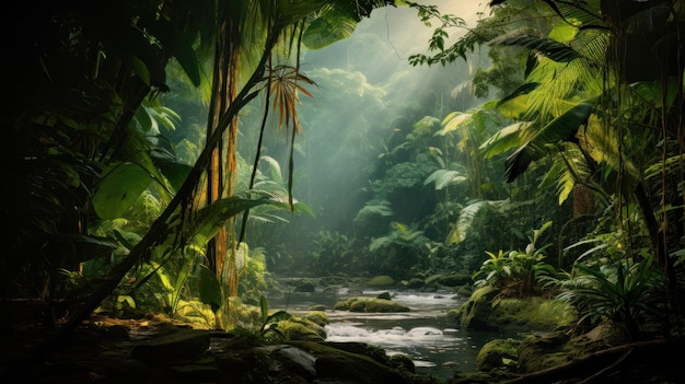 Lo splendido paesaggio di una verde foresta tropicale con un fiume al centro