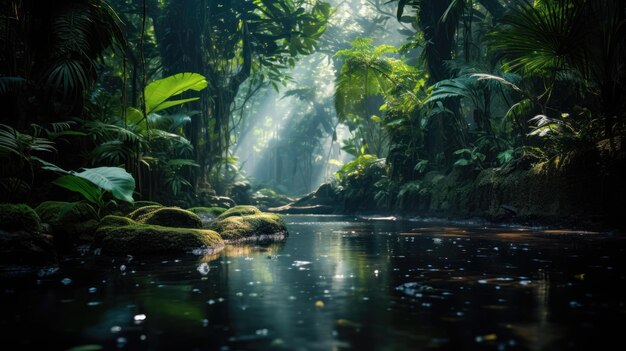 Lo splendido paesaggio di una verde foresta tropicale con un fiume al centro