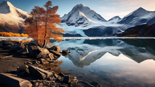 Lo splendore autunnale, il sereno ghiacciaio e il dogwood si riflettono nelle acque calme.