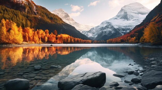 Lo splendore autunnale, il sereno ghiacciaio e il dogwood si riflettono nelle acque calme.