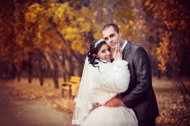 Lo sposo e la sposa nel parco d'autunno camminano vicino agli alberi con foglie gialle