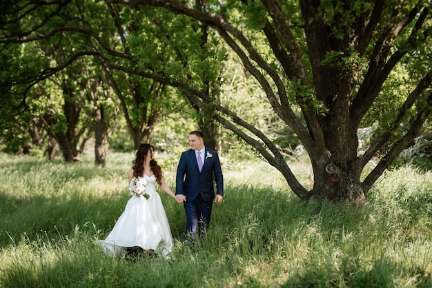 Lo sposo e la sposa stanno camminando nella foresta