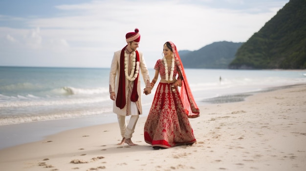 Lo sposo indiano vestito di Sherwani bianco e cappello rosso con la splendida sposa in lehenga rossa stanno e si tengono per mano camminando fuori