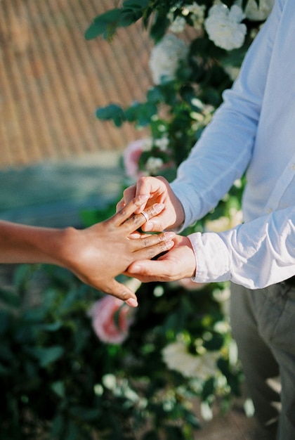 Lo sposo mette l'anello al dito della sposa Primo piano