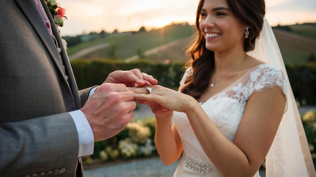 Lo sposo mette l'anello sul dito della sposa.