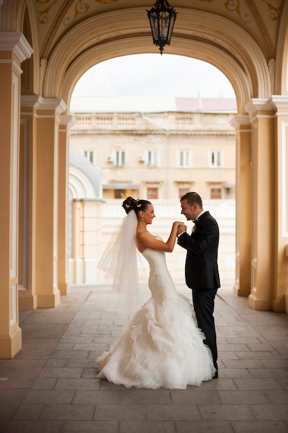 Lo sposo tiene la sua sposa per mano e la bacerà.