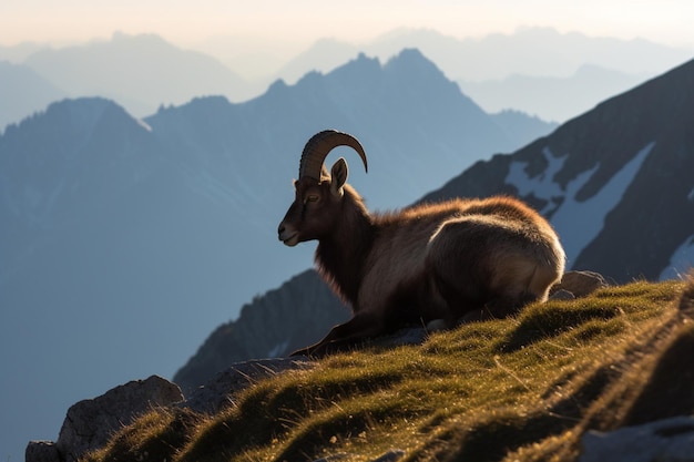 Lo stambecco alpino si gode il sole mattutino nelle alpi