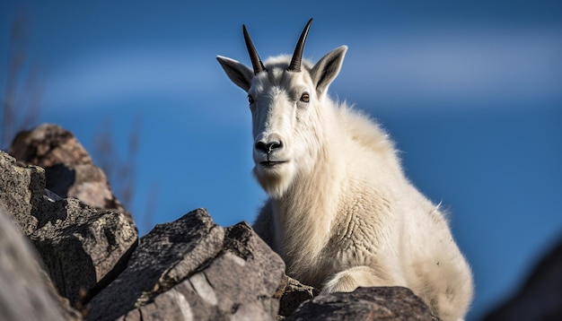 Lo stambecco cornuto pascola sul bordo della scogliera della montagna generato dall'intelligenza artificiale