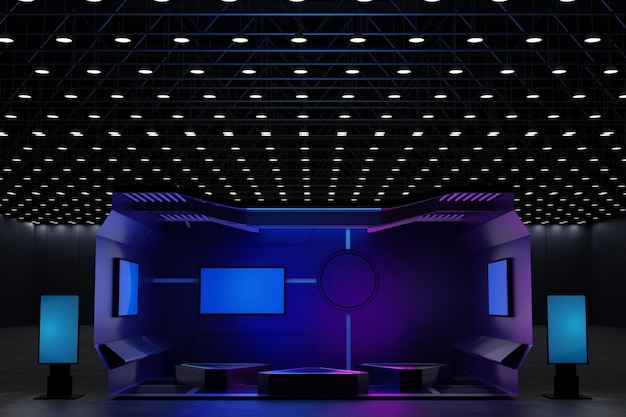 Lo stand mostra un moderno mockup in stile Sci Fi per l'evento tecnologico nel rendering 3D della sala espositiva