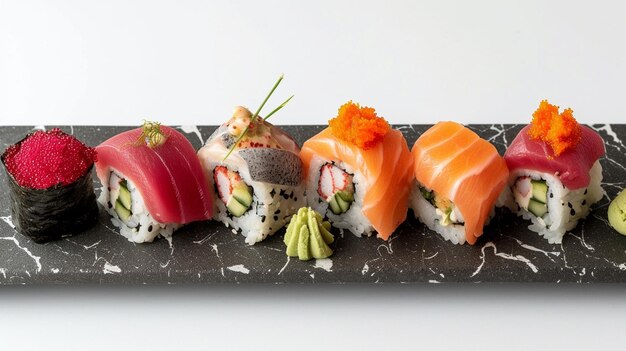 Lo stile combina elementi di eleganza tradizionale giapponese con un tocco moderno che organizza il sushi sia in modo lineare che in modelli circolari per attirare l'attenzione sul piatto