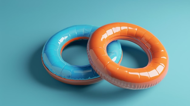 Lo stile del poligono due anelli di nuoto sullo sfondo blu sono un'illustrazione 3D di anelli di piscina blu e arancione