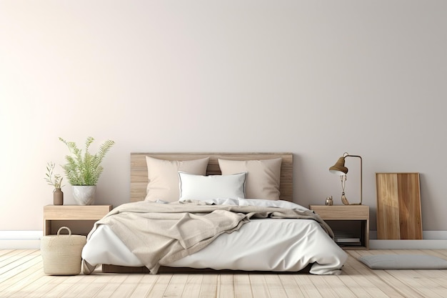 Lo stile interno della camera da letto Boho minimal con modella di decorazione della casa accogliente beige elegante Generativa AI