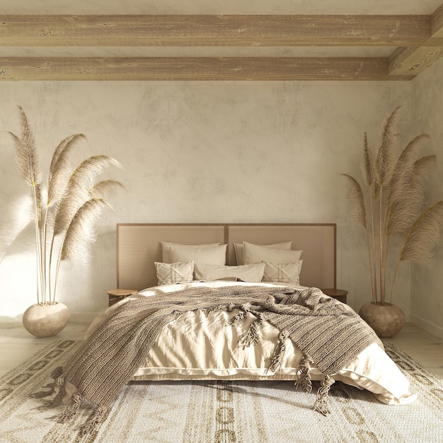 Lo stile Japandi nella camera da letto interna della fattoria con piante secche e la parete simula l'illustrazione di rendering 3d