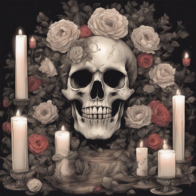 Lo strano teschio di bellezza circondato da candele e fiori