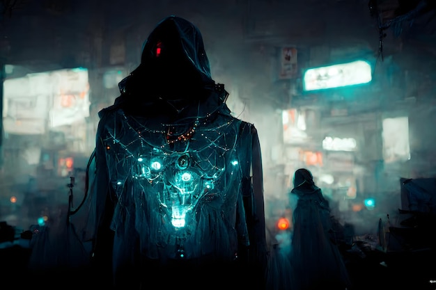 Lo stregone cyberpunk del cybermago oscuro in un mantello con una rete neurale del cappuccio ha generato l'arte