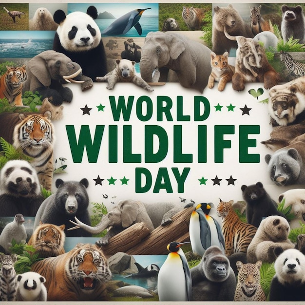 Lo striscione della giornata mondiale della fauna selvatica in armonia globale con la natura abbraccia la bellezza della fauna selvatica diversificata