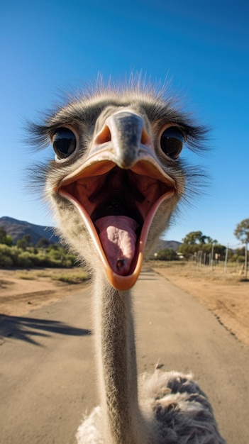 Lo struzzo tocca la telecamera per fare un selfie Un selfie divertente del ritratto di un animale