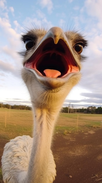 Lo struzzo tocca la telecamera per fare un selfie Un selfie divertente del ritratto di un animale