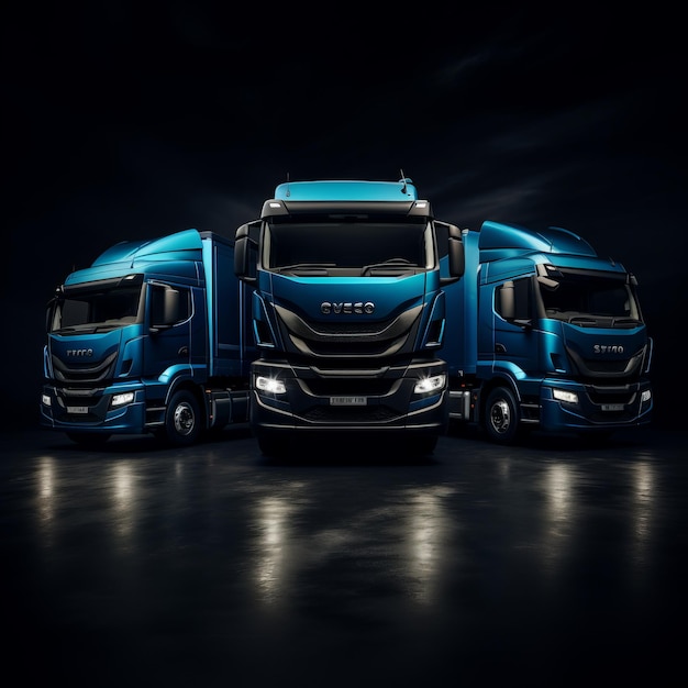 Lo stupefacente trio di auto Iveco blu sincronizzate con uno sfondo nero
