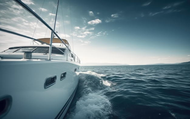 Lo yacht a motore di lusso sull'oceano al tramonto AI generativa