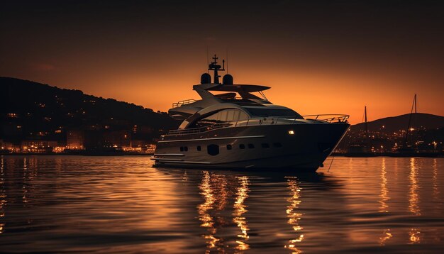 Lo yacht di lusso naviga nelle tranquille acque del tramonto generate dall'intelligenza artificiale