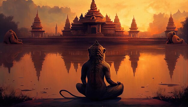 Lo yogi leone si siede con la schiena in posizione di loto Generare Ai
